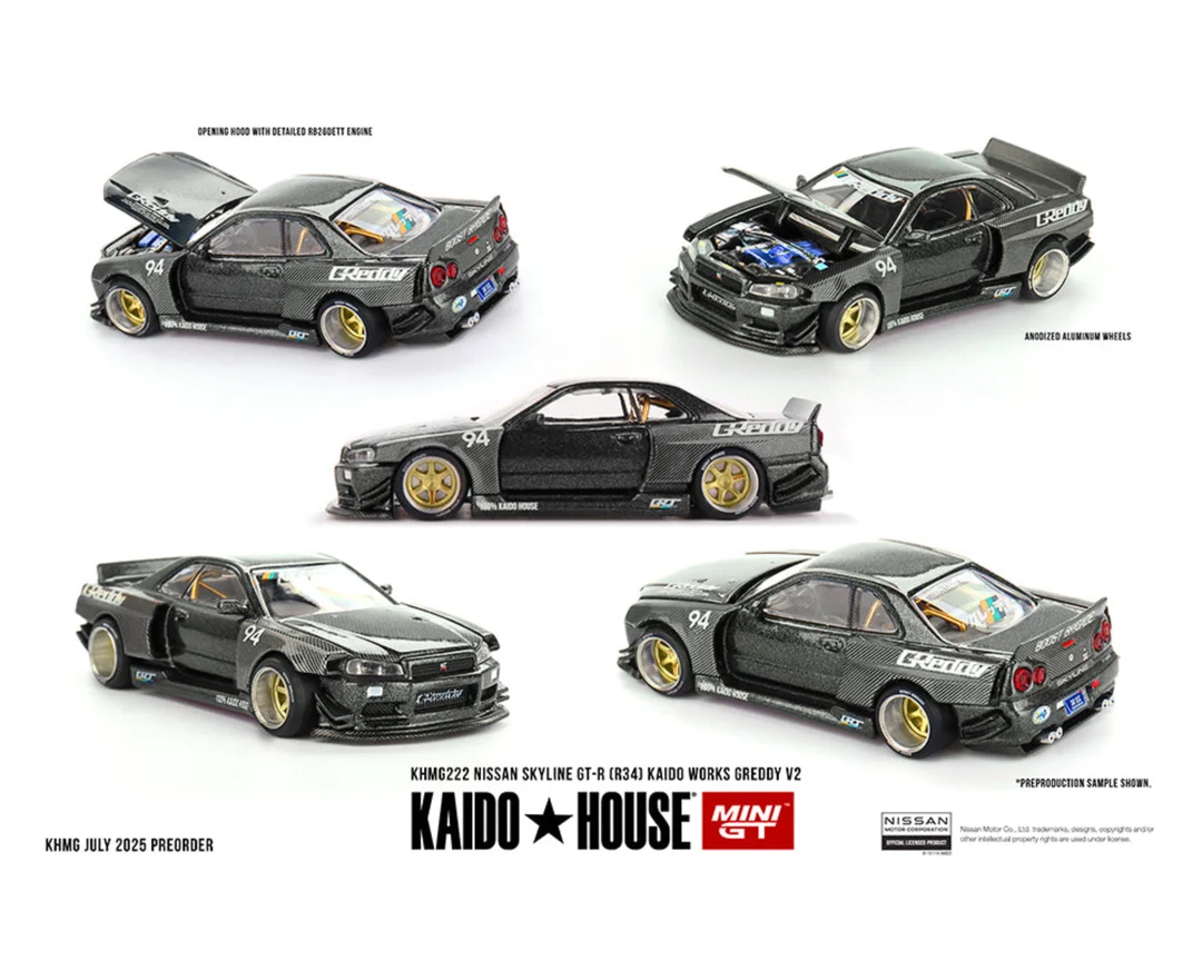 image_8fcadb3f-651e-4564-aa74-6ca7d304a2c3 Kaido House x Mini GT 1:64 Nissan Skyline GT-R (R34) Kaido Works GReddy V2 – Black w/ Carbon KHMG222 - Görsel 1